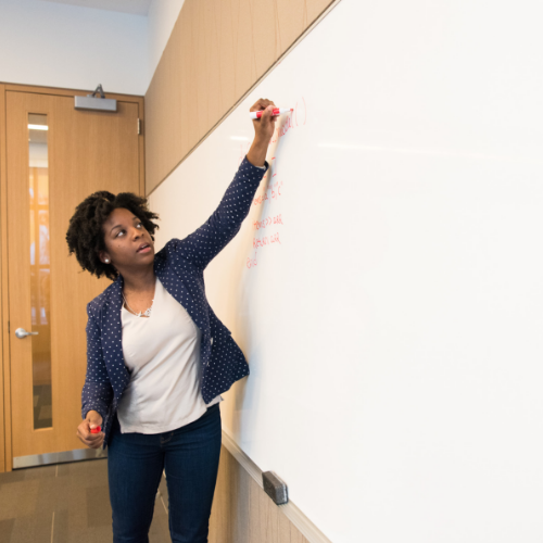 woman writing on whiteboard