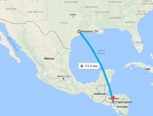 map showing route from Houston to Tegucigalpa