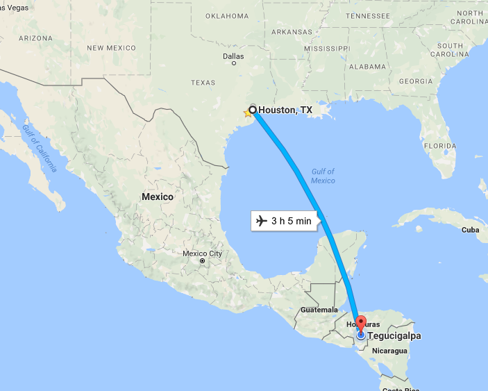 map showing route from Houston to Tegucigalpa