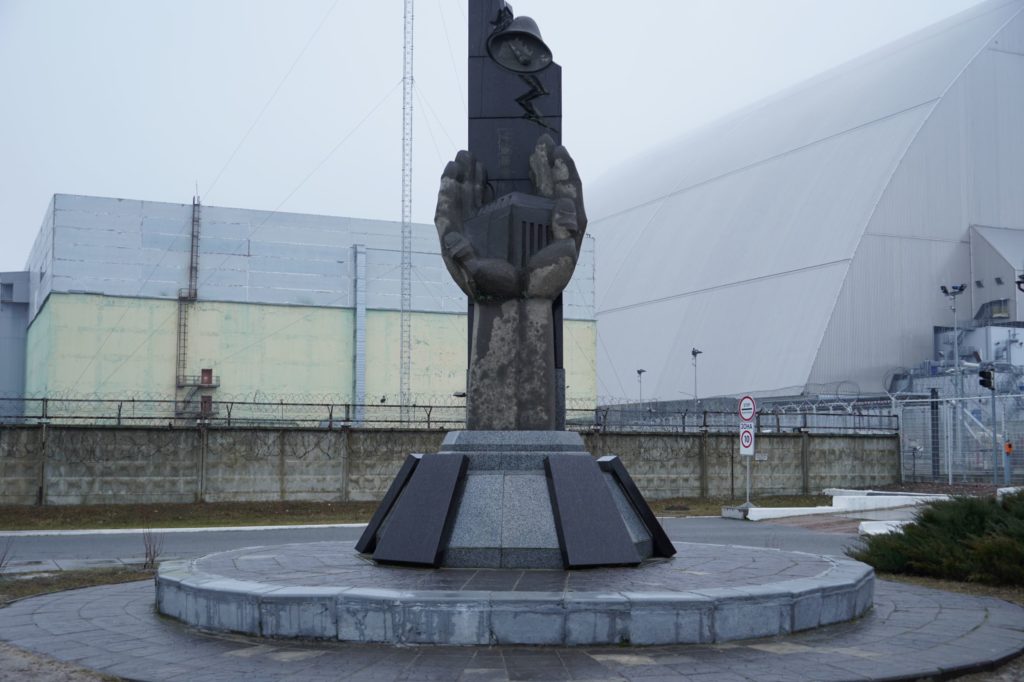 Chernobyl monument in front of Reactor No. 4