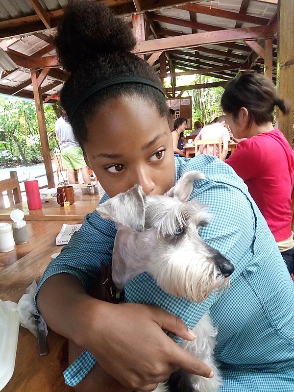 girl holding grey dog