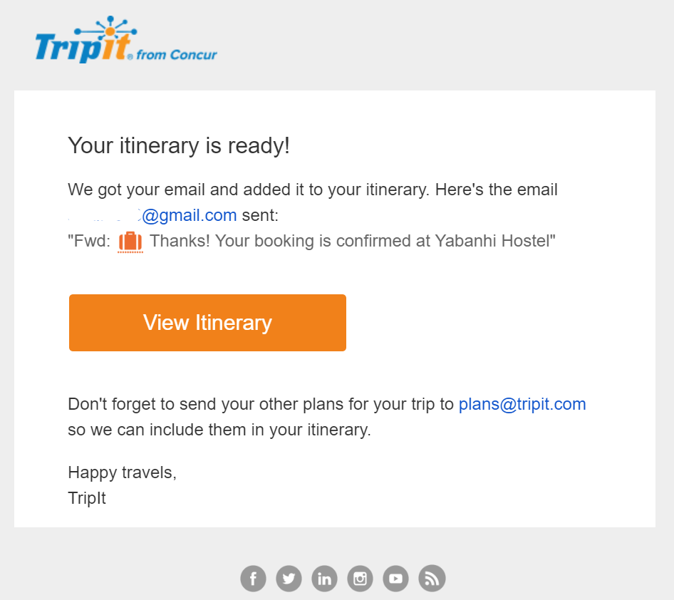 screenshot of TripIt confirmation email