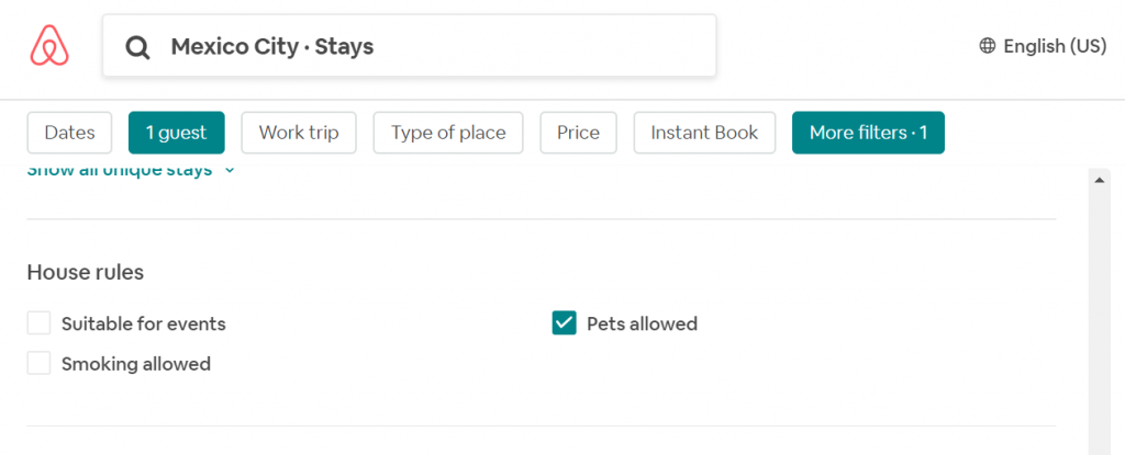 airbnb search filter